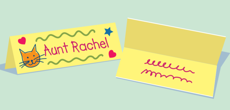 Illustration of place card that says Aunt Rachel with cat drawing